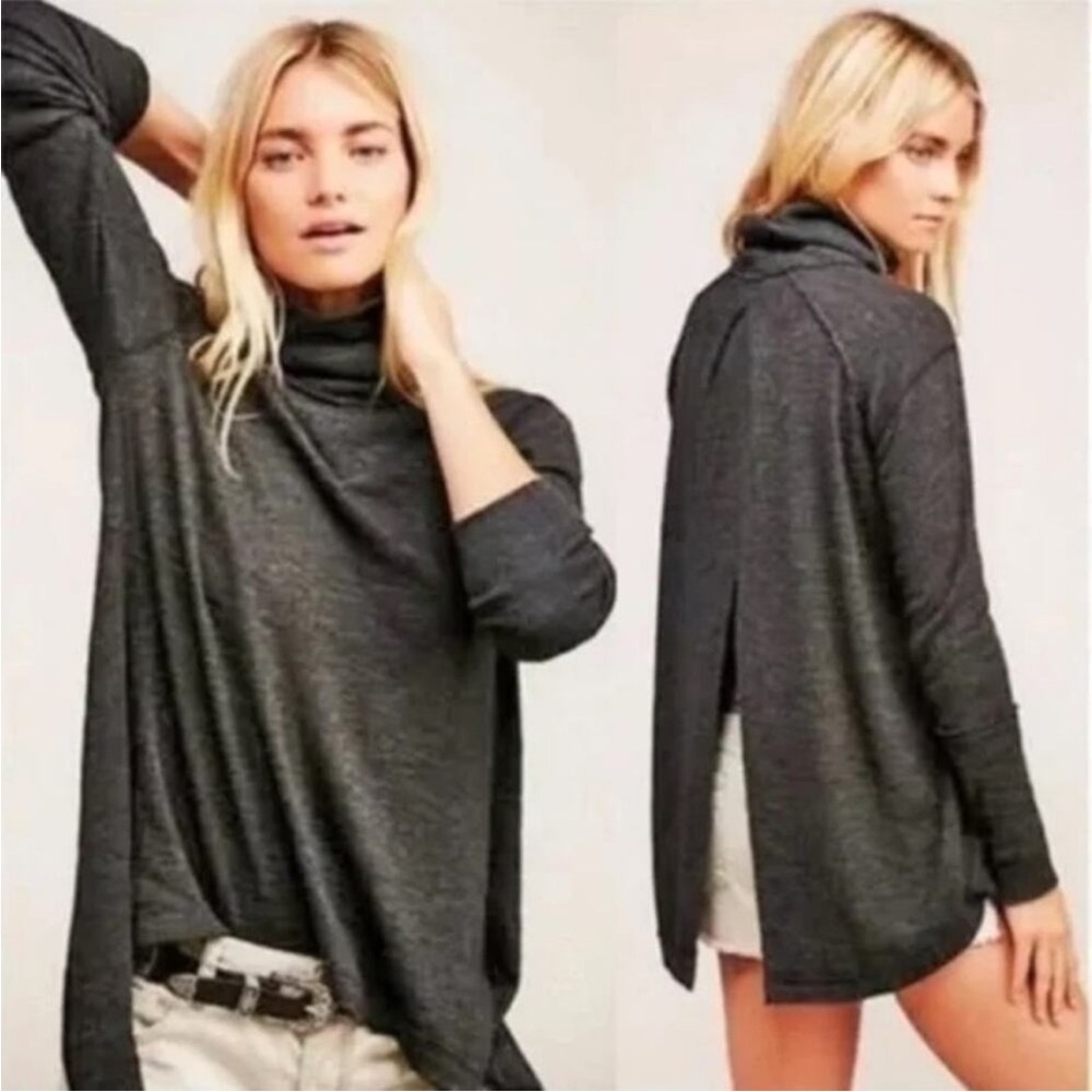 ⭐️ Free People We the Free Gray Turtleneck Split Back Long Sleeve Size MEDIUM